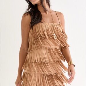 Francesca's Collections Tan Fringe Mini Dress